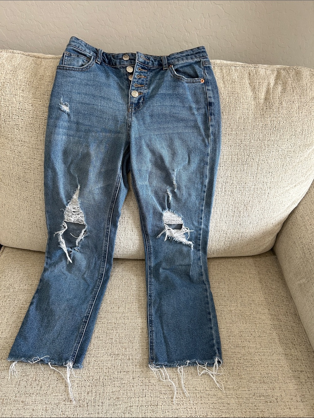 Women’s Distressed Blue Denim Jeans - High Rise Button Fly